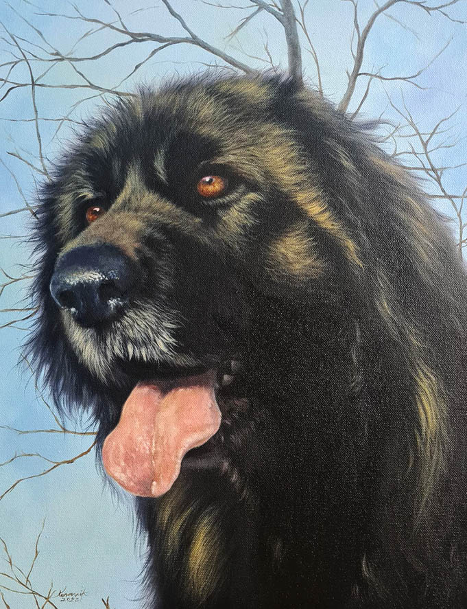 Black dog painted on canvas