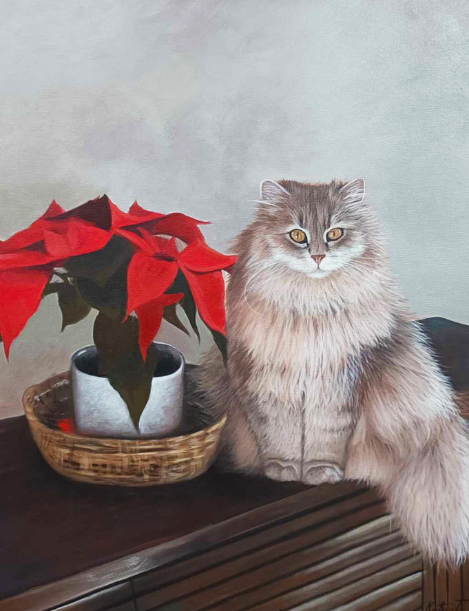 Painting of a cat and a plant
