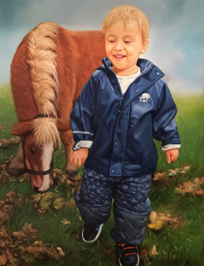 Oil painting of a kid with a horse